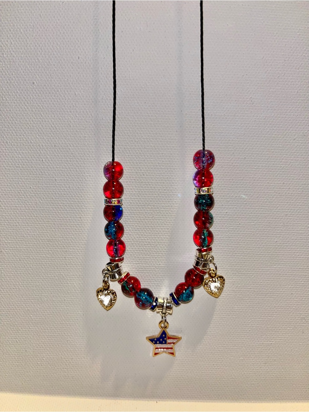 Patriotic Red & Blue Beaded Necklace w/Star & Heart Charms & Rhinestone Accents